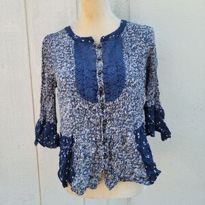 anthropologie Maeve printed bell sleeve boho button frnt peasant top sz 4.